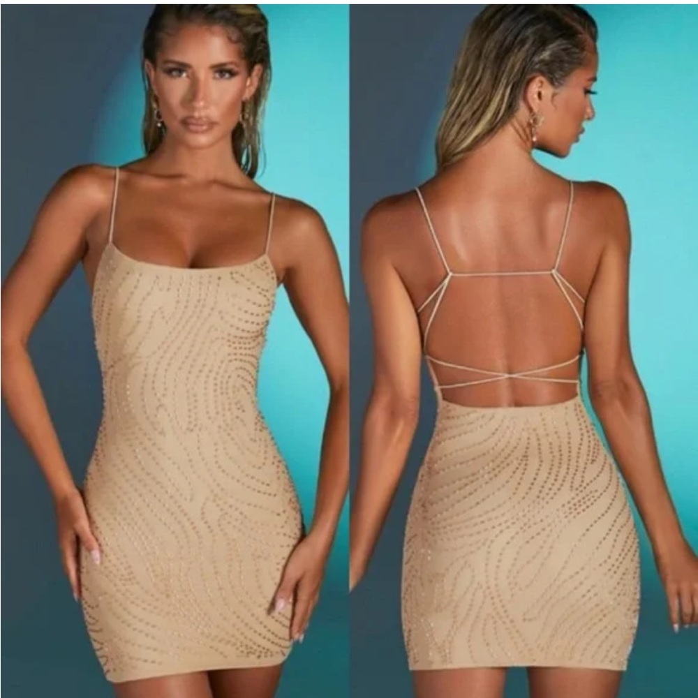 Oh Polly Nude Beaded Backless Dress